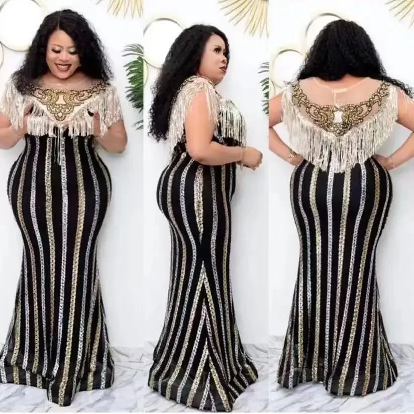 African Fall Women Clothes Long Sequin Party Gowns Tassel Dress Floor Length Evening Dresses 2021 African Dresses for Women