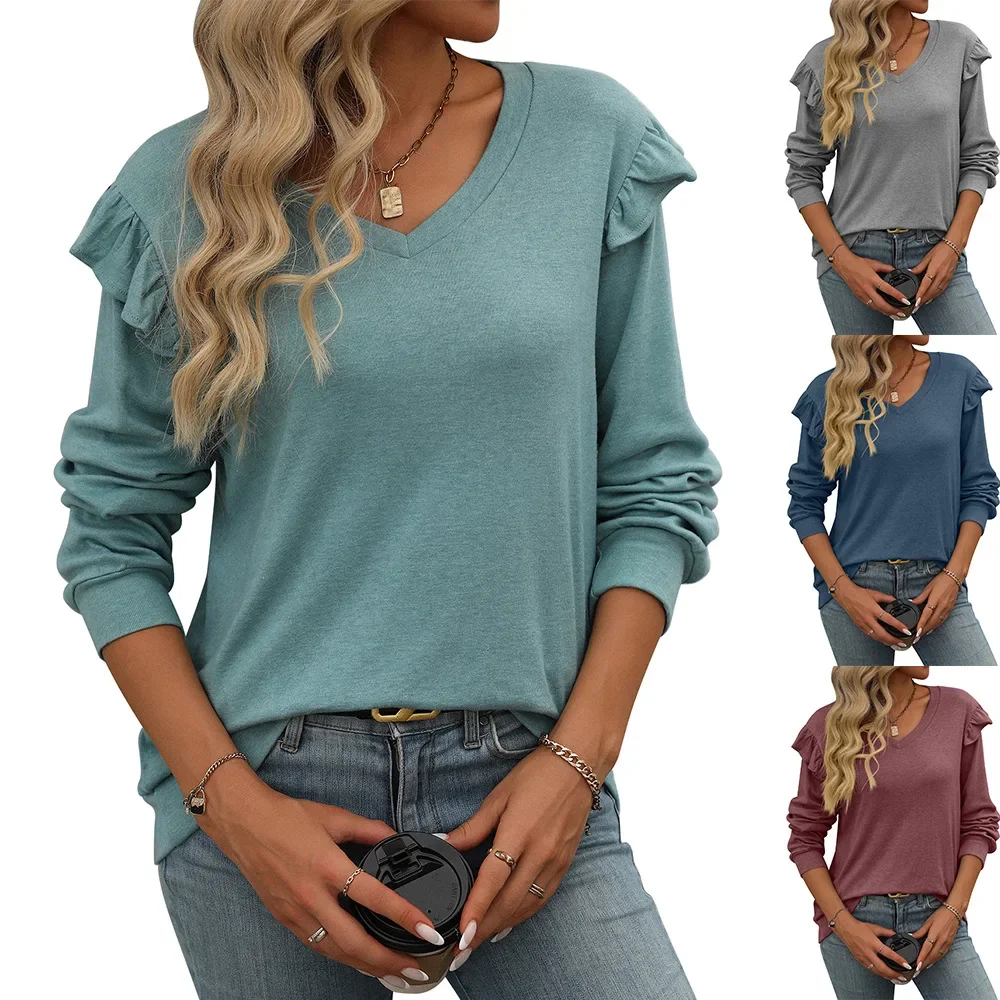 

2025 Women Spring Autumn Long Sleeve Tops Female Casual Flying Sleeve V-neck T-shirt With Sleeves Women Multicolour Casual Tops