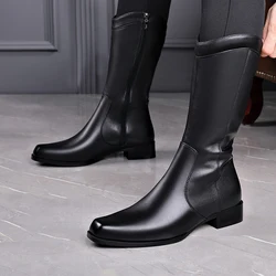 Long Boots Men's Leather Dermis High Plush Riding Denim Boots High Top Zipper Riding Ankle Boots 2023 New Model Ankle Increase