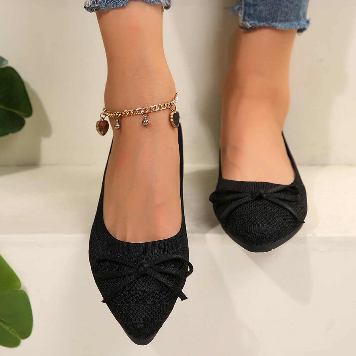 Pointed Bow Flying Flat Shoes Women's 2025 New Summer Casual Bean Shoes Knitted Soft Sole Knitted Women's Shoes Large Size 43