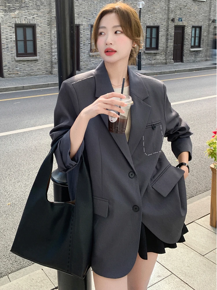 LANMREM Stitching Design Fashion Women\'s Blazer Notched Collar Solid Color Single Breasted Coat Korean Style Spring New 2AA4891