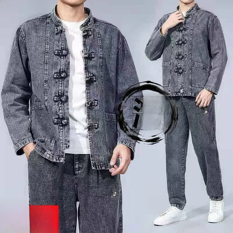 

Men's Faionable Loose Fit Long Sve Denim Jaet Hanfu Ancient Chinese Sle Spring Autumn Casual Wear M Model