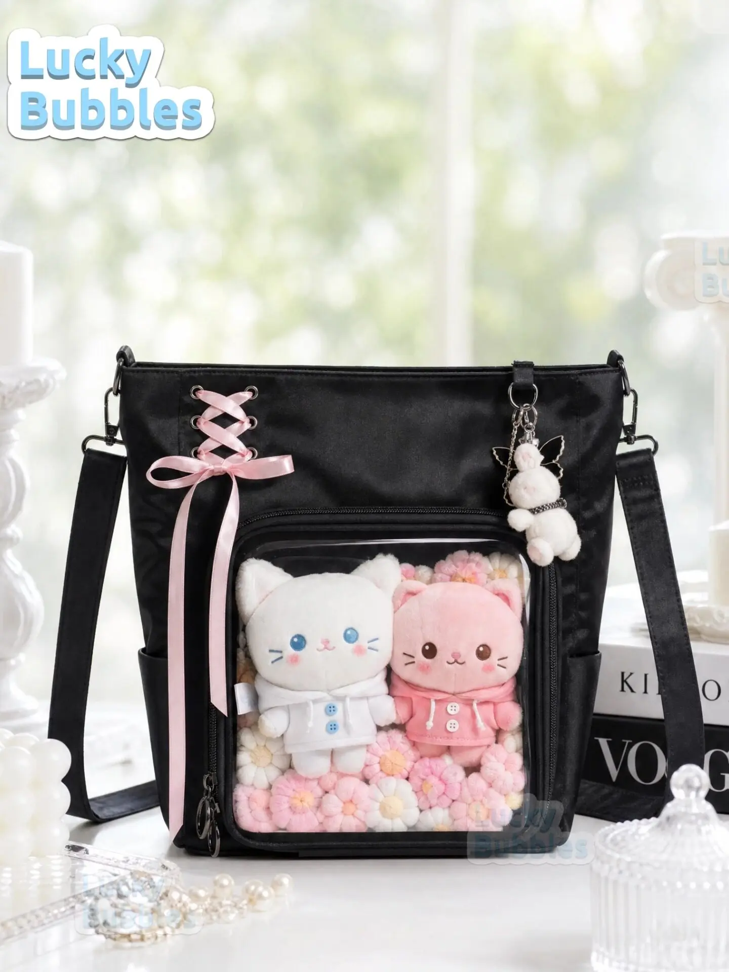 Kawaii Nylon Hobo Itabag Tote Transparent Window Large Capacity Anime Badge Display Crossbody Shoulder Bag for Daily Work School