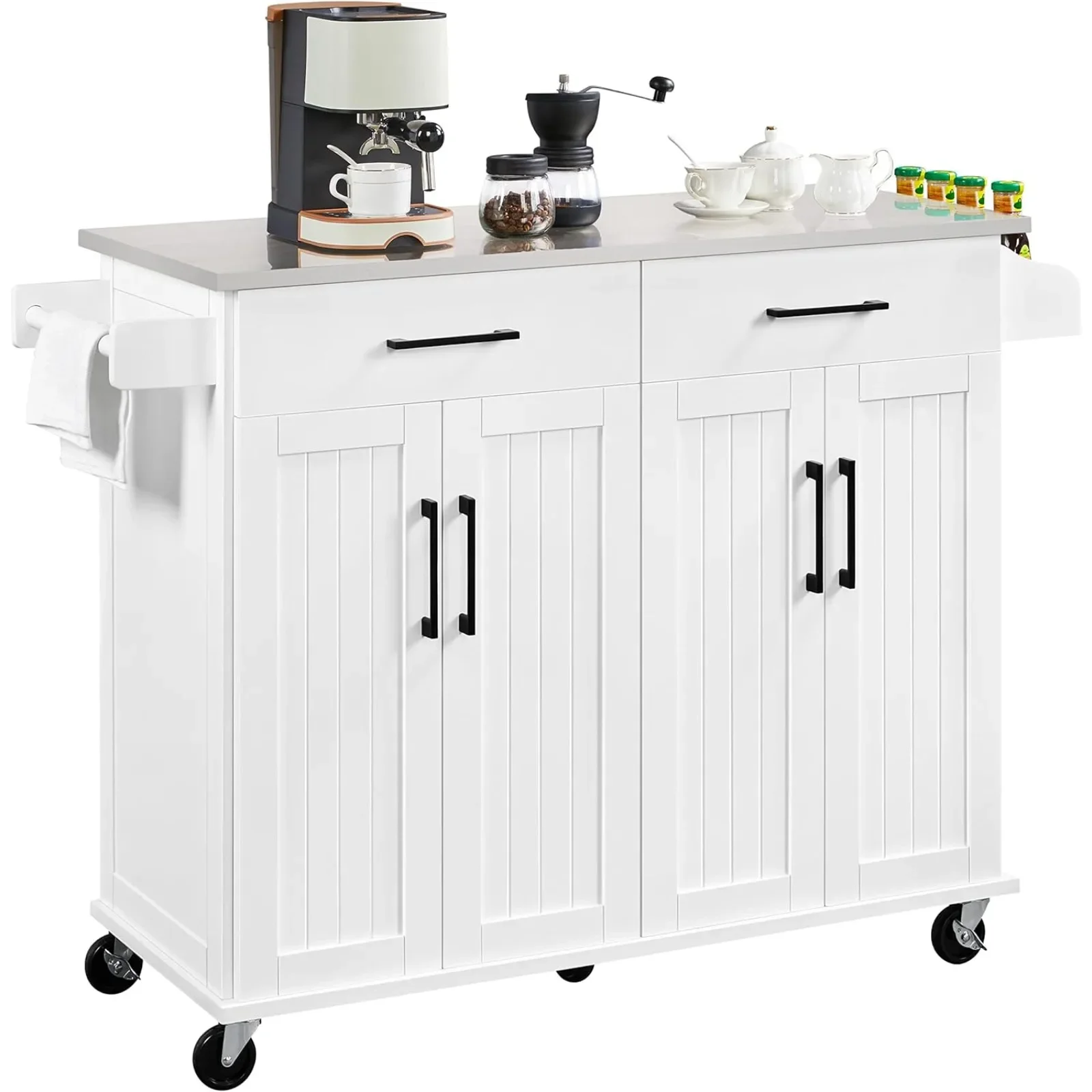 US Kitchen Island Cart with Storage & Stainless Steel Countertop, Portable Kitchen Island on Wheels with Cabinet & Adjustable