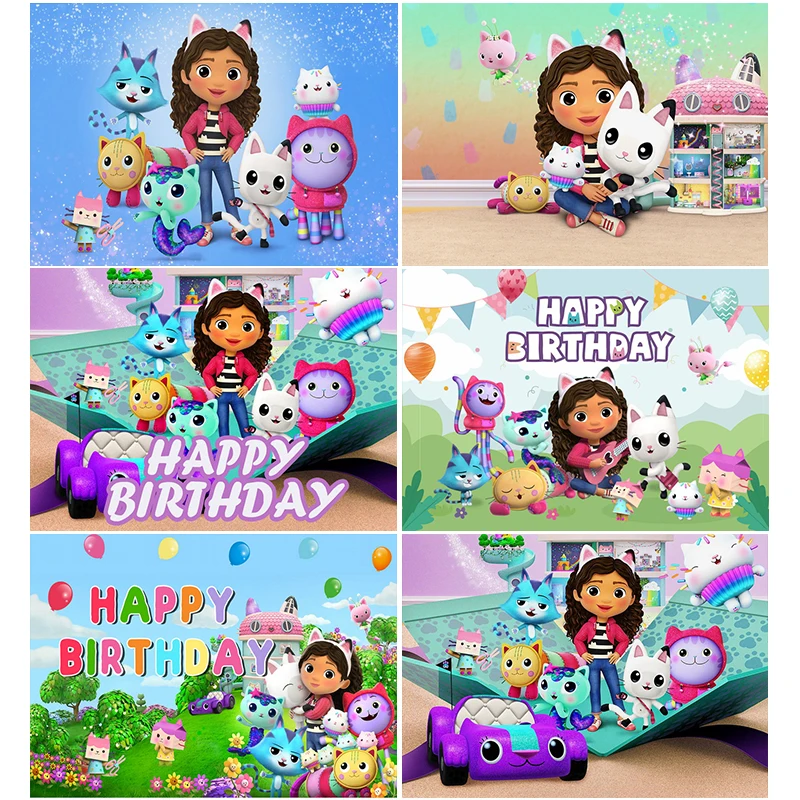 Cartoon Gabby Dollhouse Happy Birthday Background Decoration for Girl Kids Birthday Baby Shower First Birthday Party Background