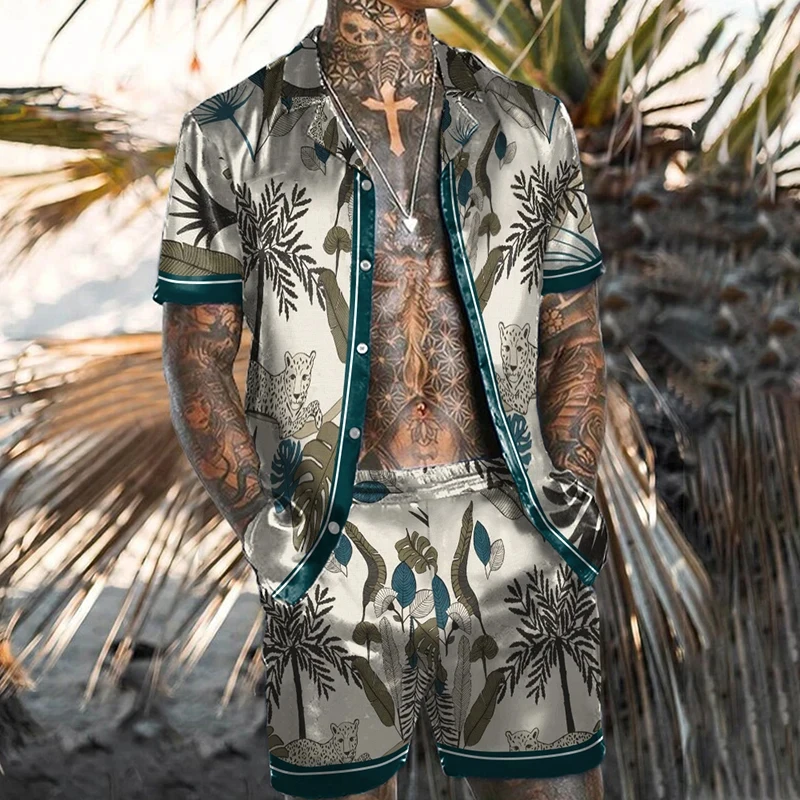 Men's Shirt Set 3D Printed Ethnic Style Retro Flower Short Sleeved Beach Shorts Casual Hawaiian 2 piece Set Street Wear Summer