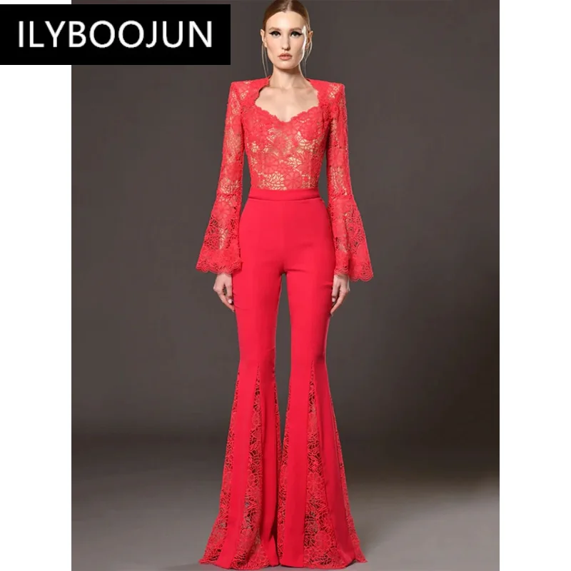 Women Red Lace Flared Pants Full Length Jumpsuit Sexy Perspective Splicing Fashion Celebrity Party Jumpsuits Brand