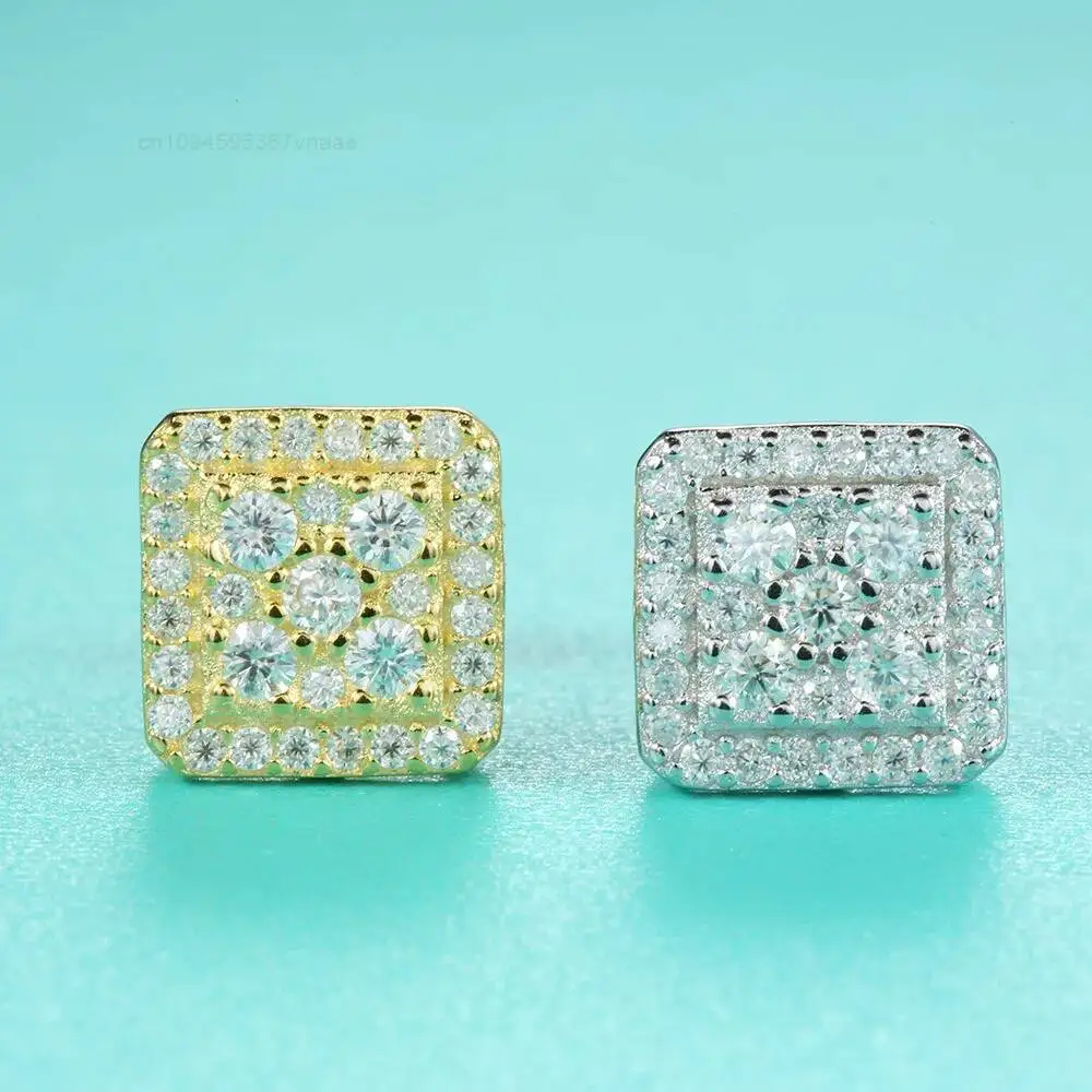 European Simple Fashion 925 Sterling Silver Screw Back Earrings Geometric Square Cubic Moissanite for Men