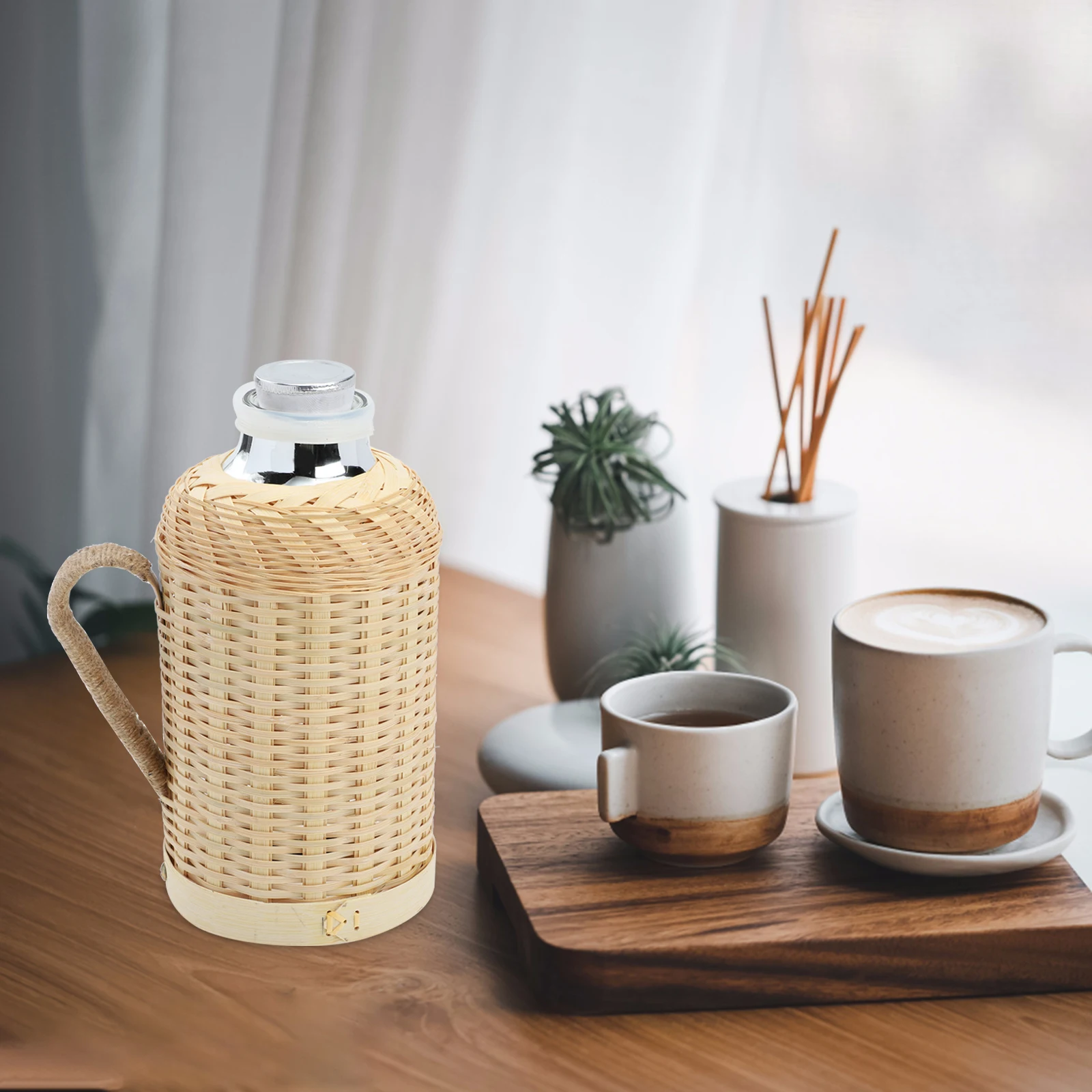 

Bamboo Woven Kettle Glass Material High Capacity Portable Yellow Weaving Cup Thermal Bottle Retro Heat Preservation