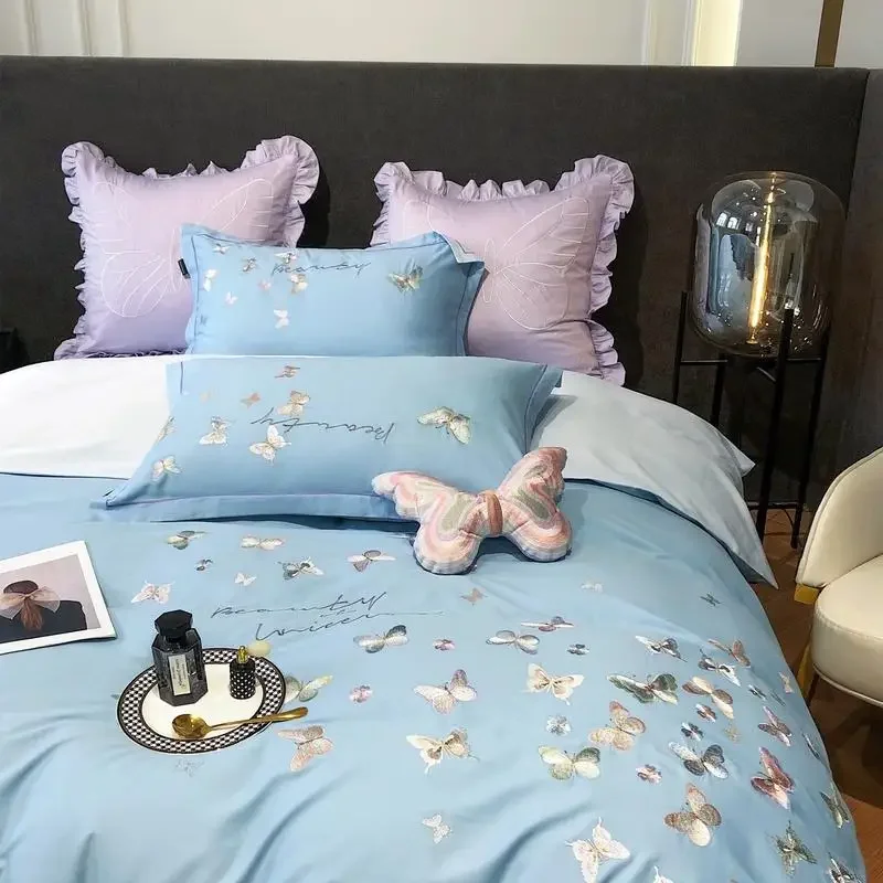 Light luxury embroidered Butterfly King Queen Size Bedding Set 4 pcs Duvet/ Comforter Cover Bed Sheet fittedsheet Set pillowcas