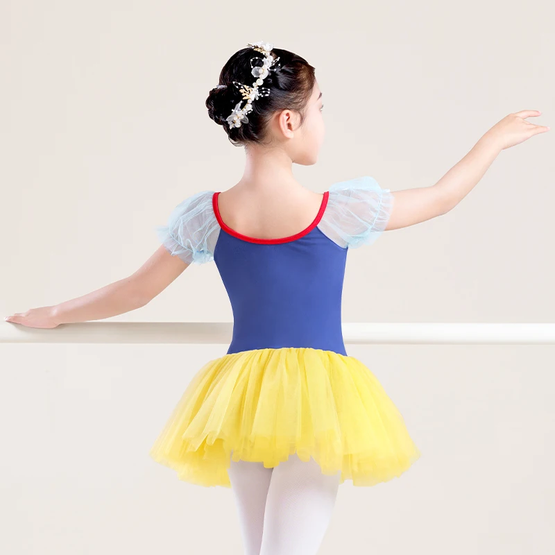 Girls Ballet Tutu Dress Puff Short Sleeve Girls Cotton Dance Gymnastics Ballet Skirt Korean Style Multiple Colors Splicing