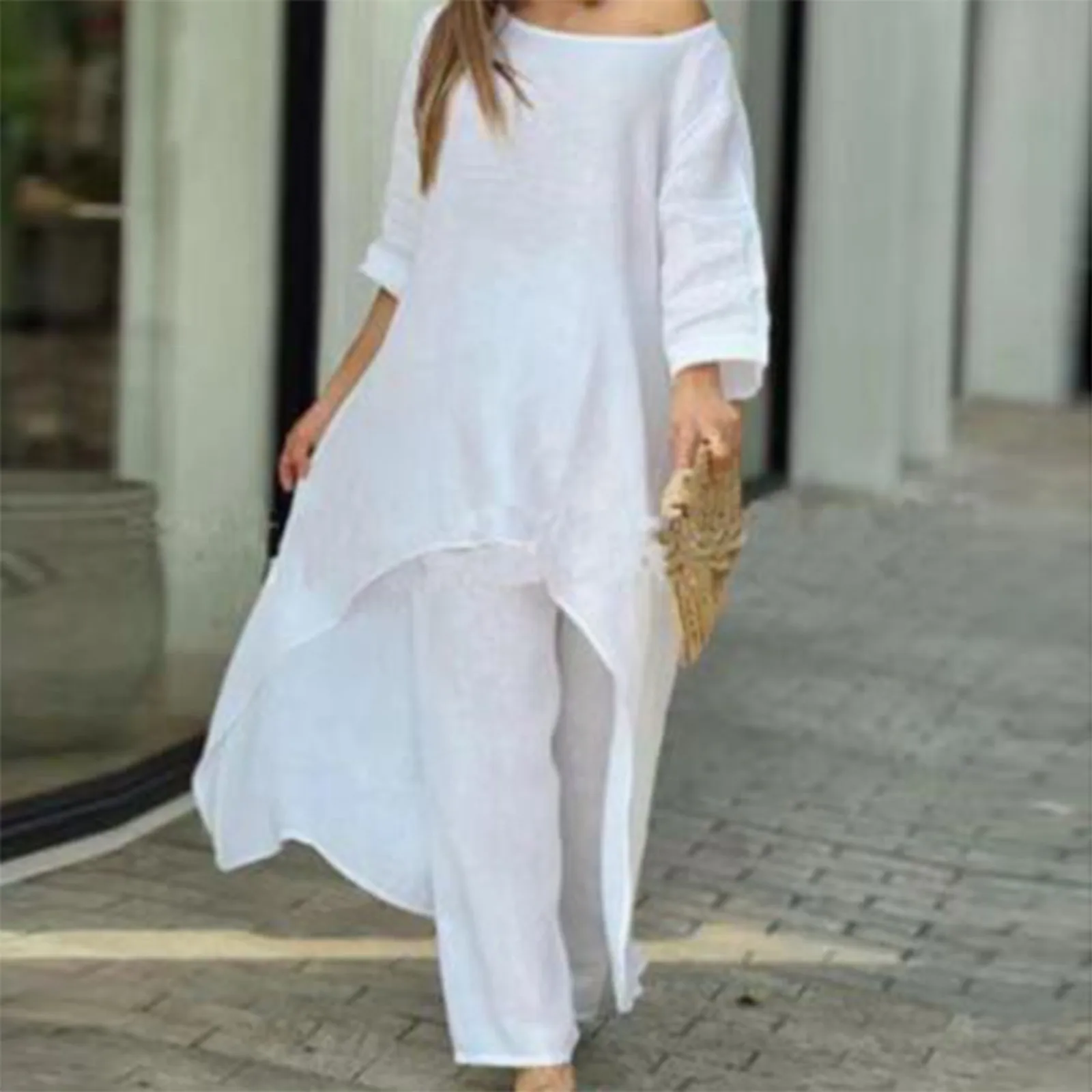 Women Cotton Linen Tracksuit Two Piece Set 2024 Summer Casual Loose Solid Blouse T-shirt Wide Leg Pants Suit Outfits 2 Piece Set