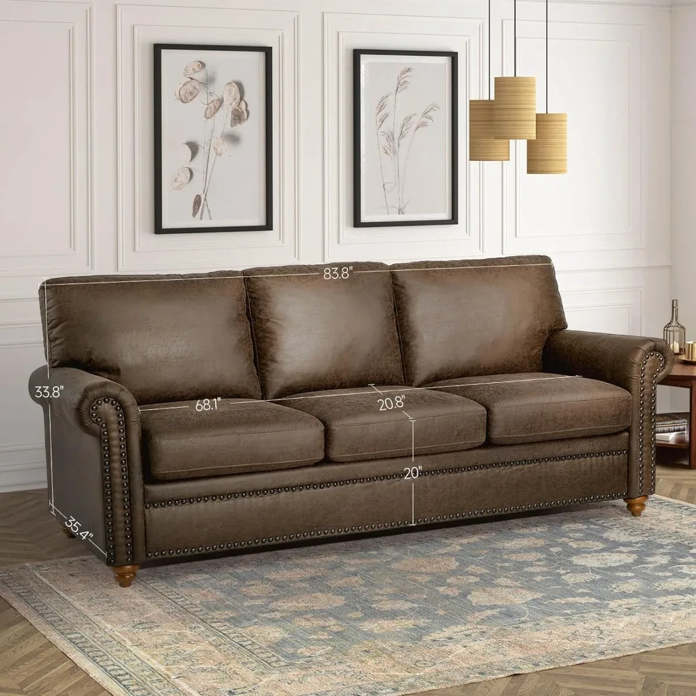 

Rolled Arm with Nailhead Trim, Comfy 3 Seat Cushions with Pocket Spring, Brown Couches for Living Room, Home Office