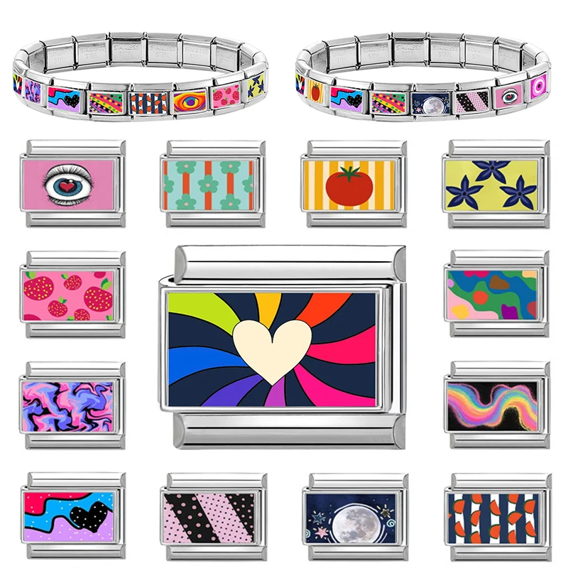 New Colorful Pattern Series Heart Eyes Color Block Italian Charm Link Fit 9mm Bracelet Stainless Steel Women Men DIY Making Gift