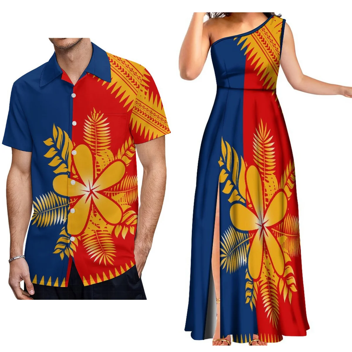 Sommer 2024, neues Damen-Maxikleid mit Schräghalsausschnitt, ärmellos, sexy Kleid, Samoa-Schlitz, Pacific Island, individueller Paar-Anzug, Herrenhemd