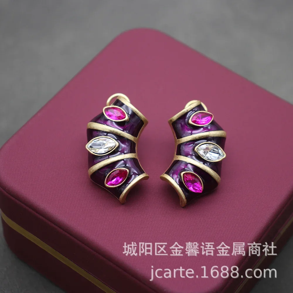 Joyería de segunda mano, croissant vintage, esmalte dorado negro, piedras preciosas de ojo de caballo de colores, pendientes de nicho