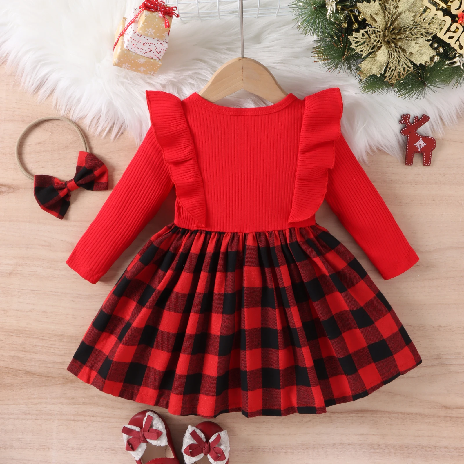 2PCS Autumn New Style 1-4 Year Old Girl Baby Fashionable Sweet Round Neck Red Pit Strip Long-Sleeved Plaid Dress + Hair Band