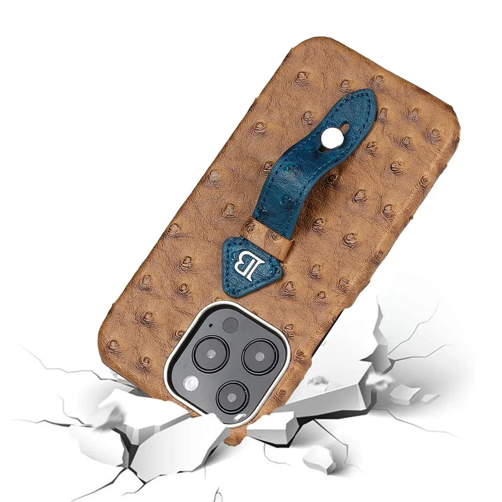 Hand Wrist Strap Stand Ostrich Leather Case For iPhone 14 13 11 12 Pro Max Mini XR X XS 14 Plus Retro PC Hard Shockproof Cover