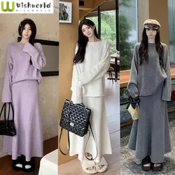 Casual Knitted Set Women's Spring and Autumn New Collection Korean Round Neck Knitted Shirt Top Half Skirt Two Piece Set