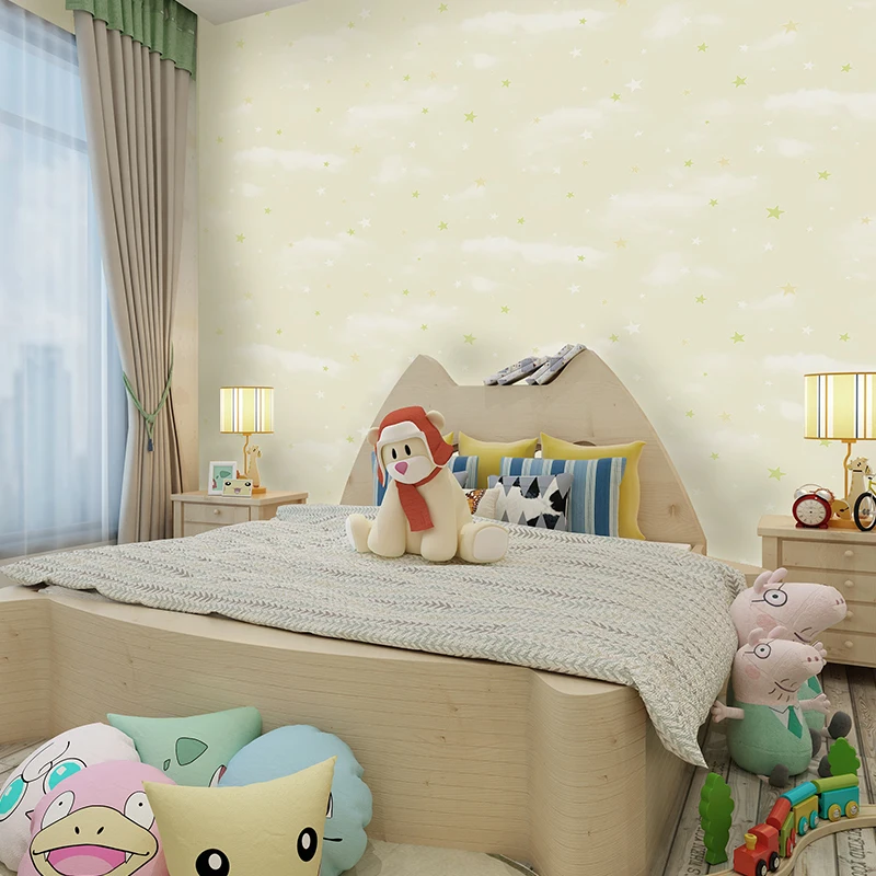 Non-Woven Wallpaper 3D Cartoon Blue Starry Sky Star Pink Wallpapers Roll Children's Bedroom Background Wall Kids Room 3D Tapety