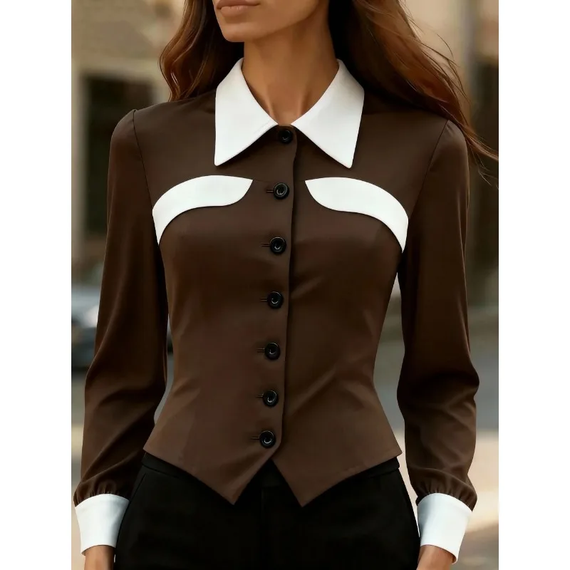 

Женская блузка с контрастной отделкой, приталенного кроя, на пуговицах, с длинными рукавами, элегантный офисный топ