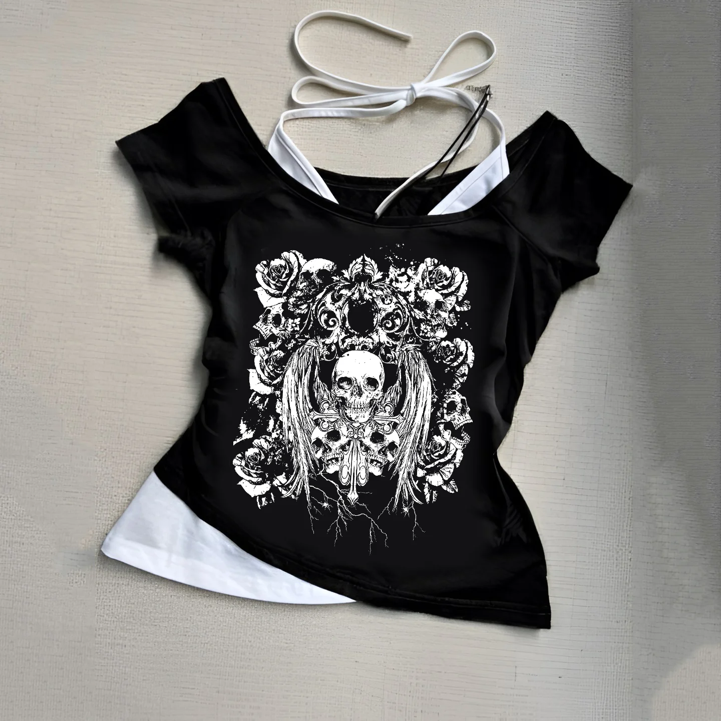 Retro gothic Fake Two-piece Printed T-shirt Women summer Y2K Streetwear Hot Girl Slim Off Shoulder Millennium Harajuku Casual image 5
