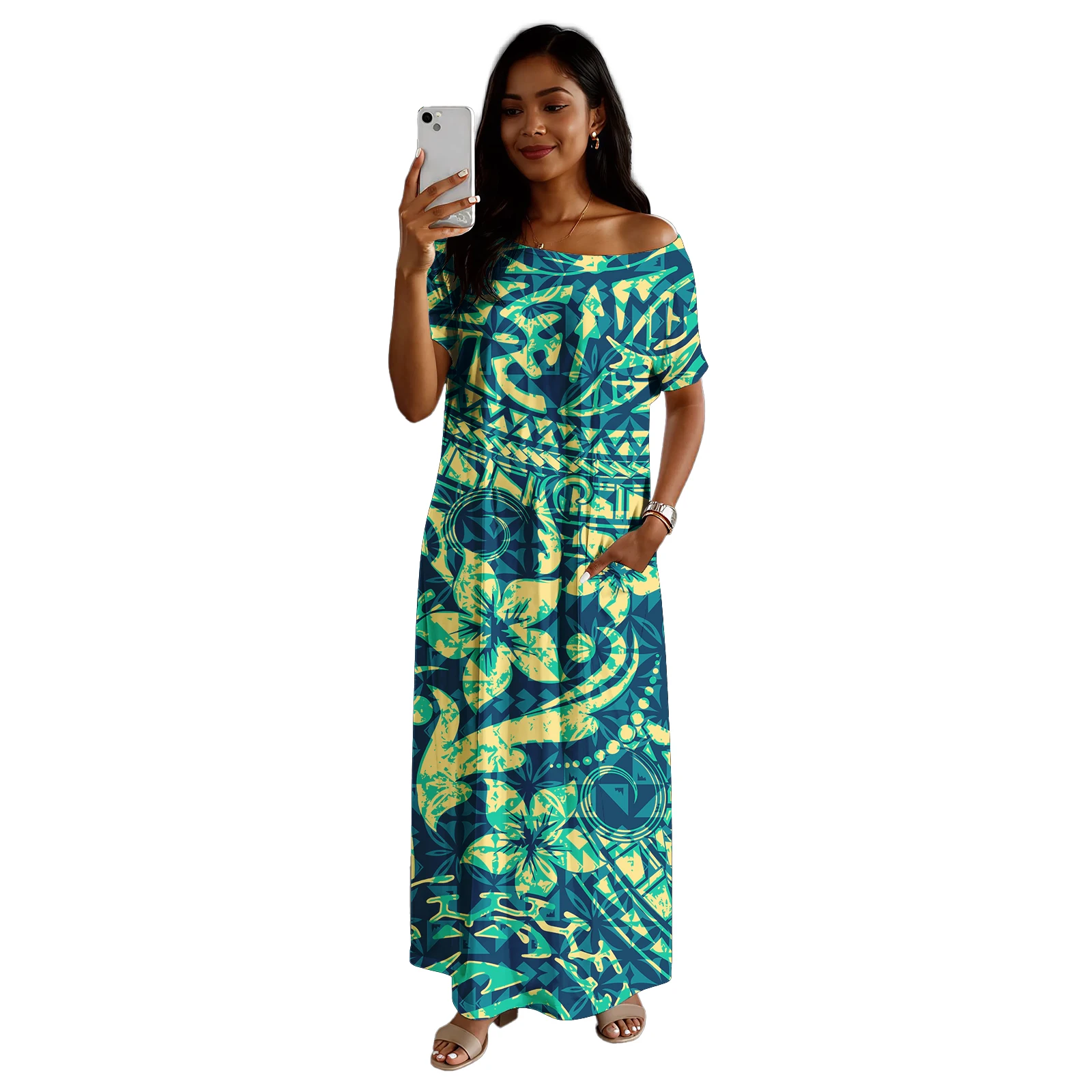 Polynesian Casual Boutique Clothes Hawaiian Hibiscus Print Ladies Pocket Long Dress O-Neck Off Shoulder Samoan Dress for Women's