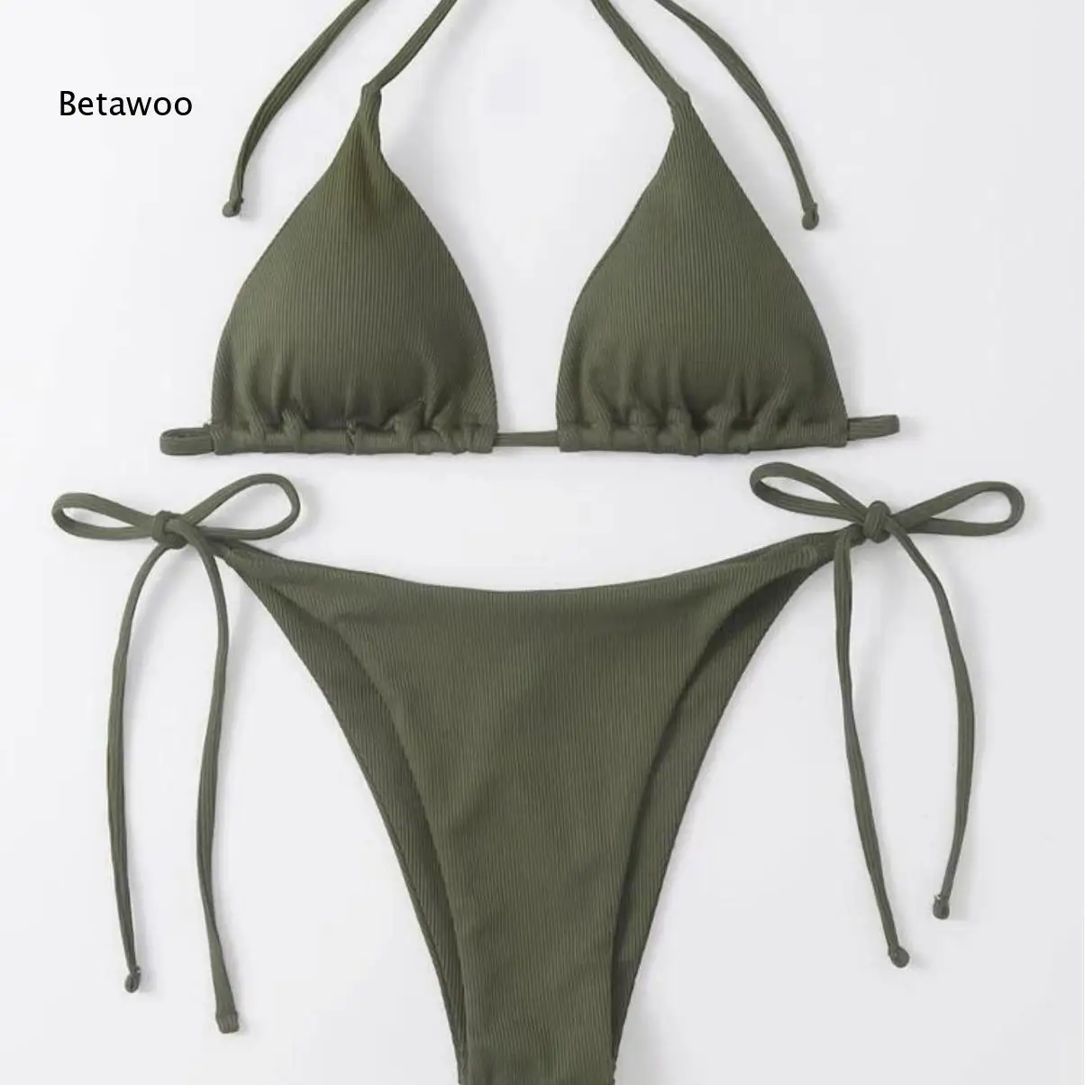Summer Ribbed Knit Halter String Tie Side Two Piece Swimwear