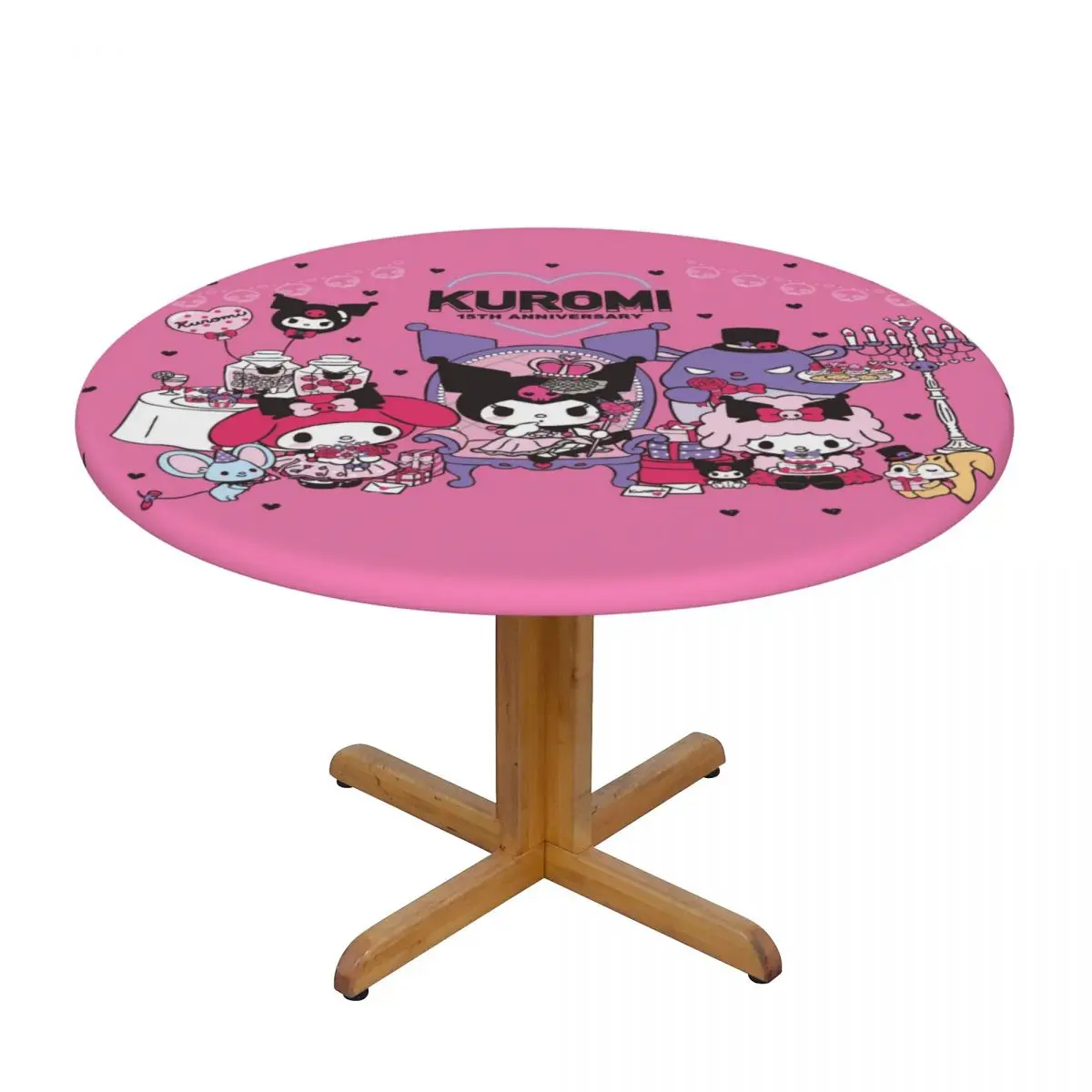 Customized Round Waterproof Oil-Proof Kuromi Sanrio Anime Tablecloth Backed Elastic Edge Table Cover 45