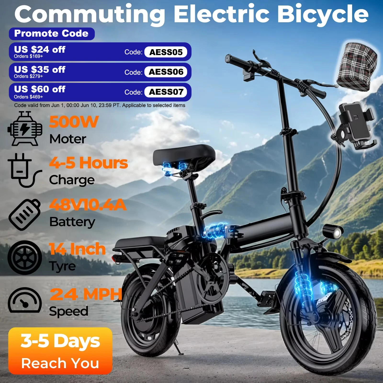 560W Adult Electric Bikes,24MPH,48V10.4AH Removable Battery,14inch Folding Electric Bike,Multi-Shock Absorption Electric Bicycle