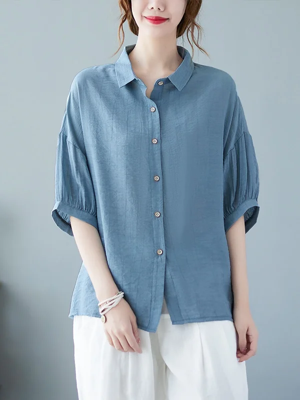 Artistic Cotton Linen ort Sve irt Loose Faionable Women's Summer Clothing Age Reduction Trendy  Collar Button De...