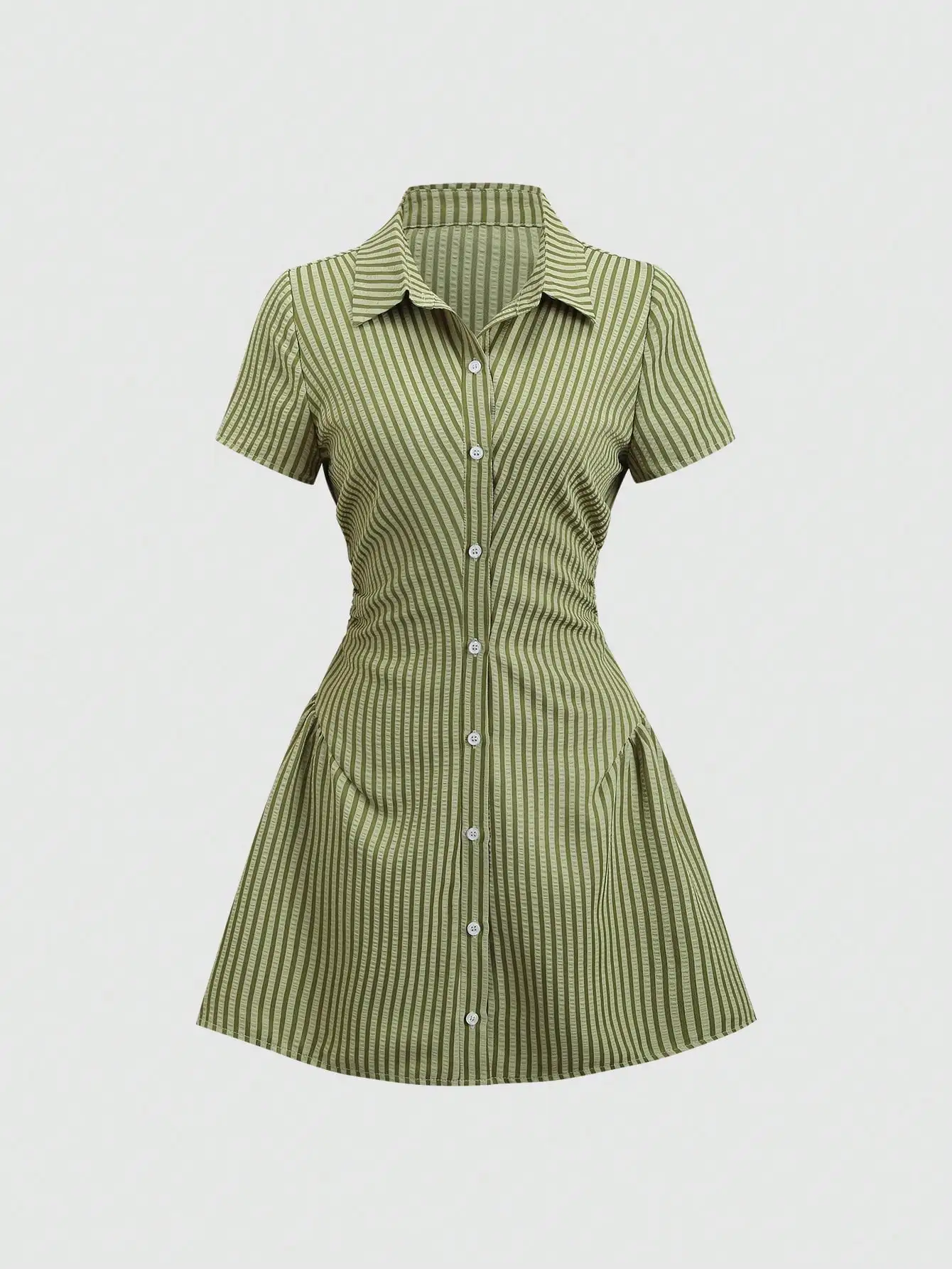 

Green Striped Short Sleeve Shirt Dress Waist Cinched Slimming Casual Summer Dress