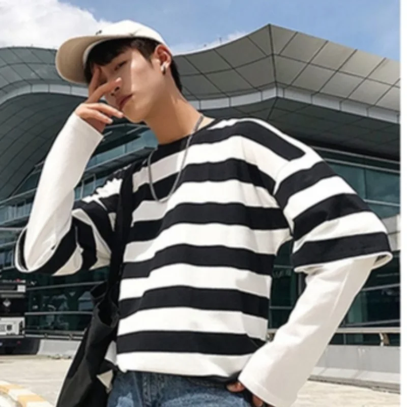 Striped Long-sleeved Female Ins Tide Spring and Autumn Thin Loose Korean Bottoming Shirt Fake Two Lazy Wind Joker Clothes.