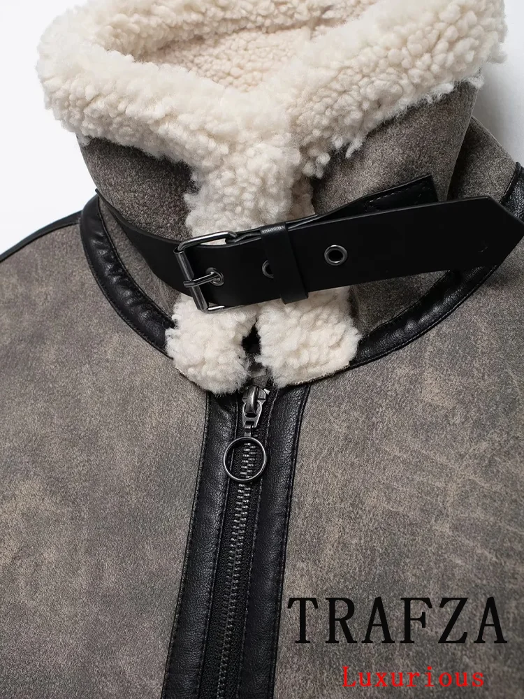 TRAFZA Vintage Chic Women Jackets Patchwork Zipper Pockets Long Sleeve Coats New Fashion 2024 Autumn Winter Office Lady Jackets