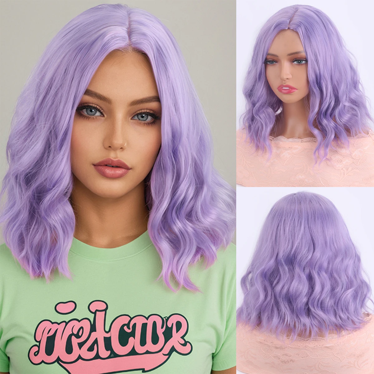 

A female, violet, European and American water wave, corn perm, mid-parted short curly hair, Fiber mechanism synthetic wig