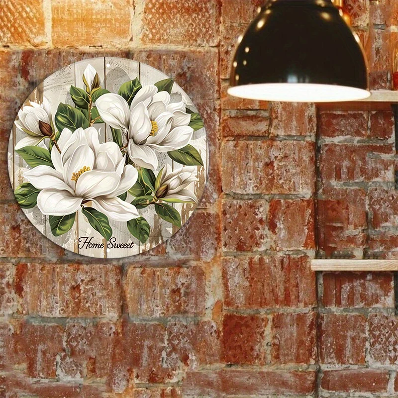 Magnolia Flowers Aluminum Metal Sign, Round Wall Decor with Pre-drilled Holes, Waterproof and Weather Resistant, Home Sweet Home