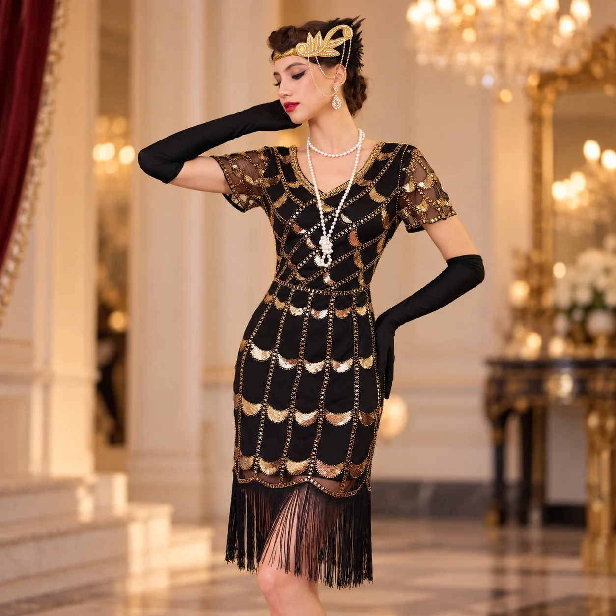 U Neck High Waist Dress Elegant with Mini Length Rhinestone Embellishment Short Sleeveless Spring Dress for Women
