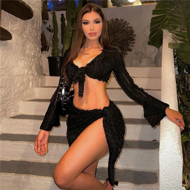 2 Piece Black Women's  Prom Dress+Full Sleeves Top Summer Party Gown Beach Holiday Short Mini Skirt Casual Daily Streetwear Robe