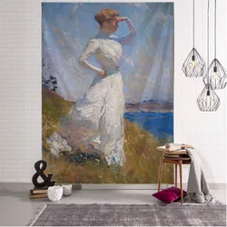 Retro figure oil painting, printed tapestry, living room, bedroom wall hanging fabric, home art decoration, wall tapestry