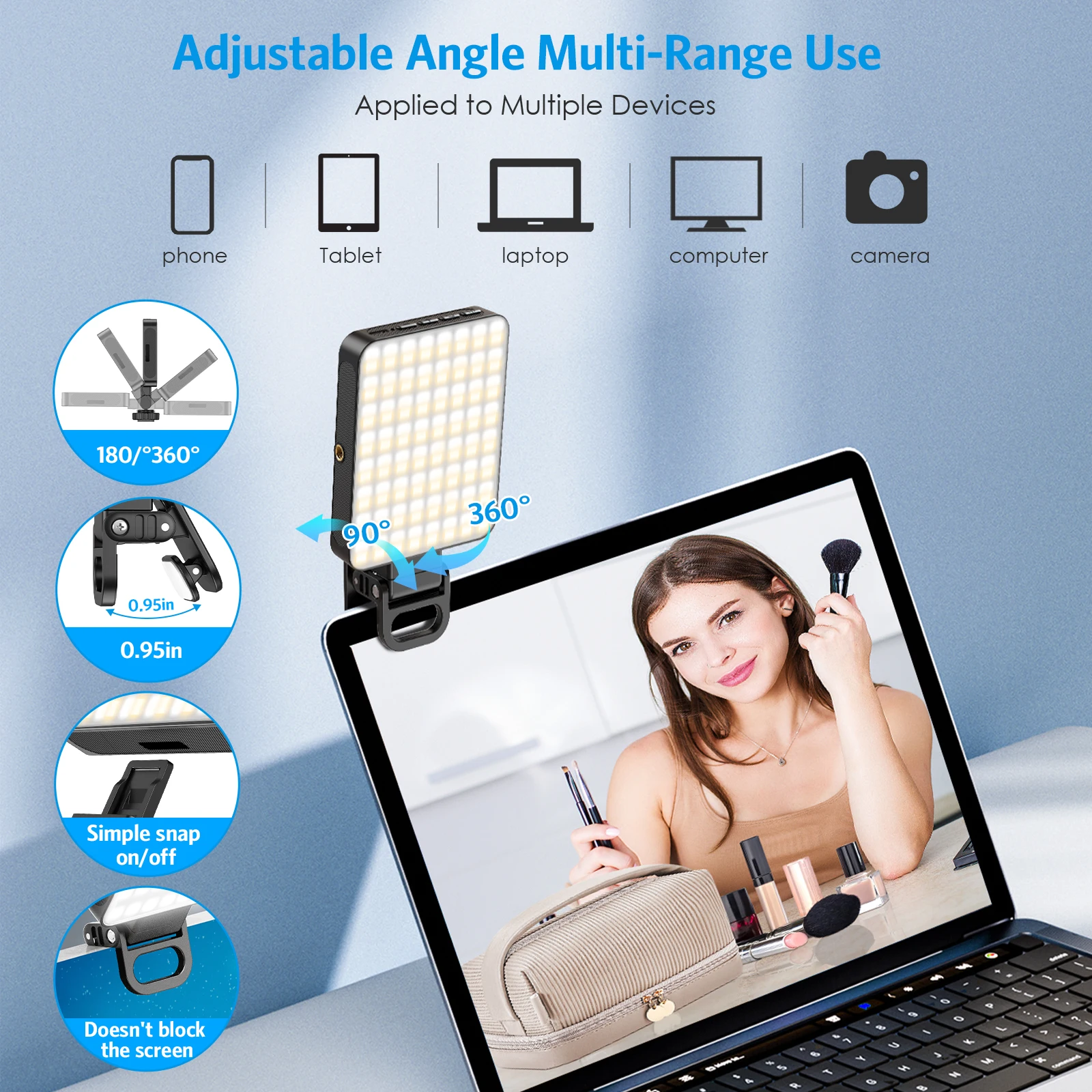 ضوء سيلفي مغناطيسي 128 مصباح LED مع 3 أوضاع و10 سطوع USB-C قابل لإعادة الشحن لـ TikTok/البث المباشر/المكياج/مدونات الفيديو