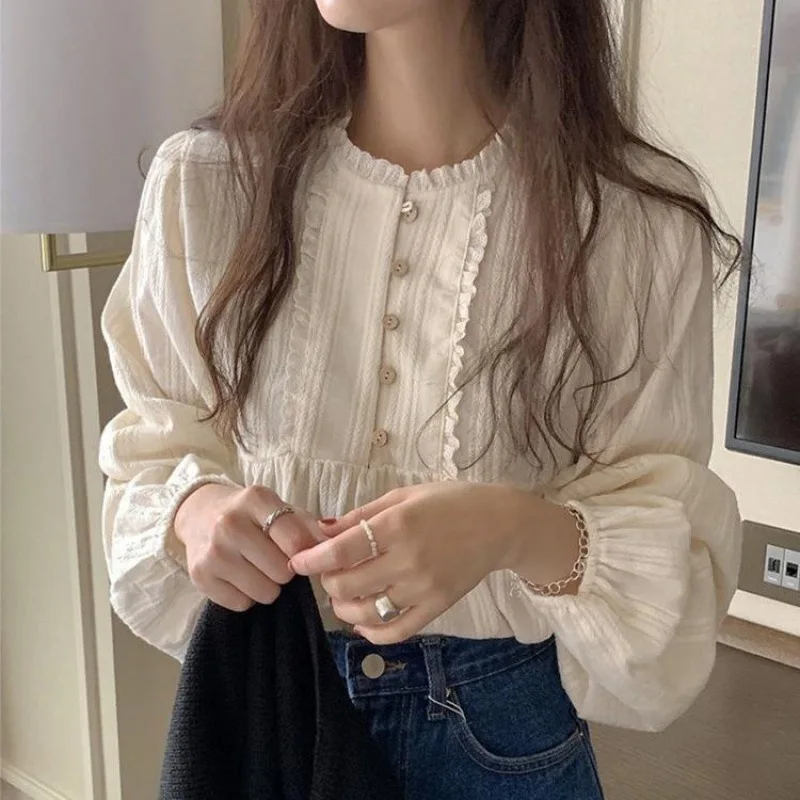 Blouses for Women Clothes Leisure Tender Sweet Korean Style Lantern Sleeve Stylish Cozy O-neck Daily Solid Spring College Retro