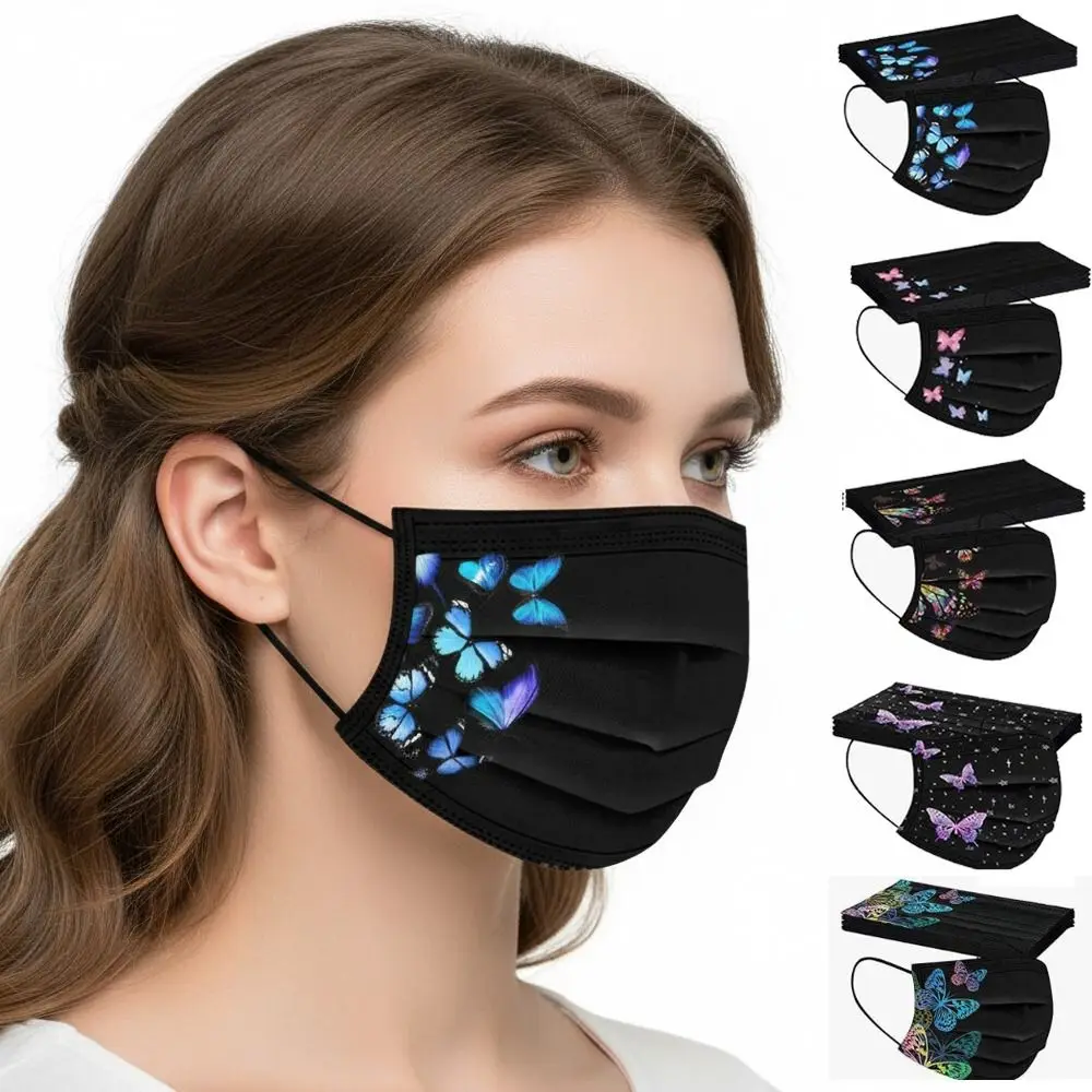10pcs Colorful Butterfly Print Disposable Face Mask Three-layer Black Anti Dust Mask Breathable Non-woven Fabric