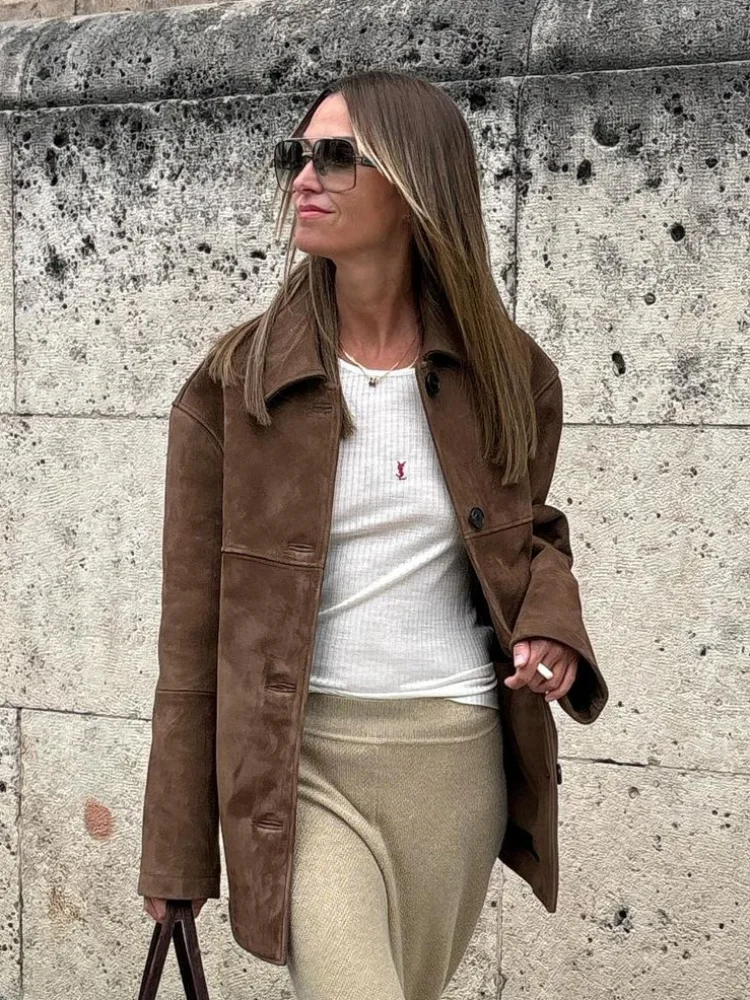 Women Autumn Fashion Solid Lapel Single Breasted Jacket Casual Long Sleeve Spliced Pocket Coat 2024 New Lady High Streetwear