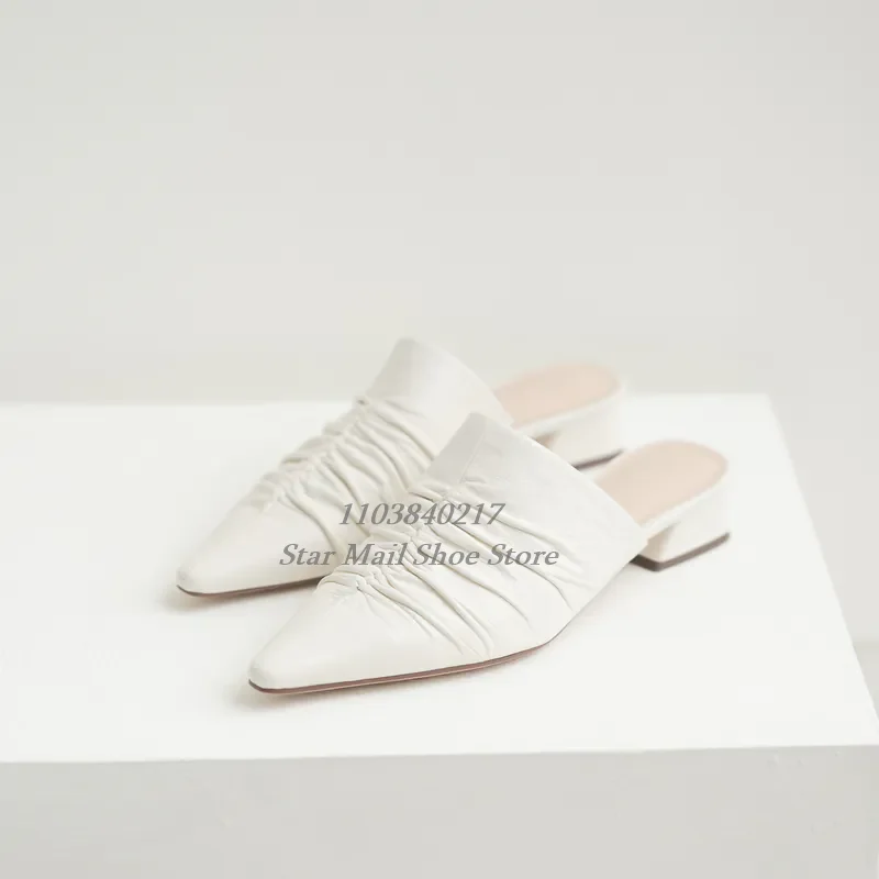 

Elegant White Pointed Toe Multi-Pleated Slippers Chunky Heel Fashionable Slippers Comfortable Office Lady Shoes