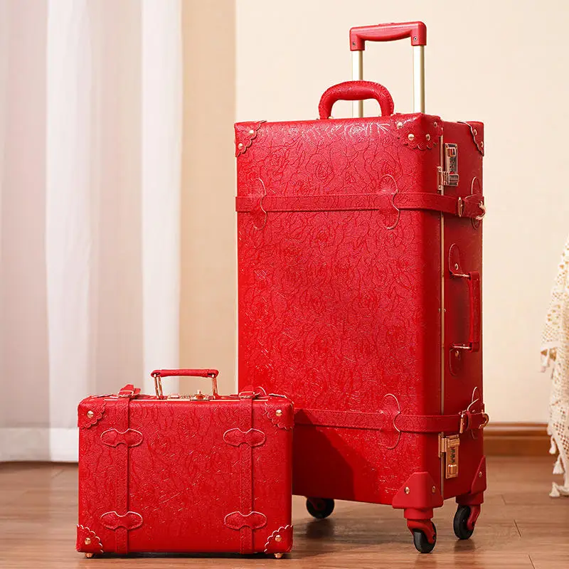 Red Suitcase With Handbag Wedding Dowry Luggage Box Leather High End Pull rod box Combination case a pair of bride dowry box