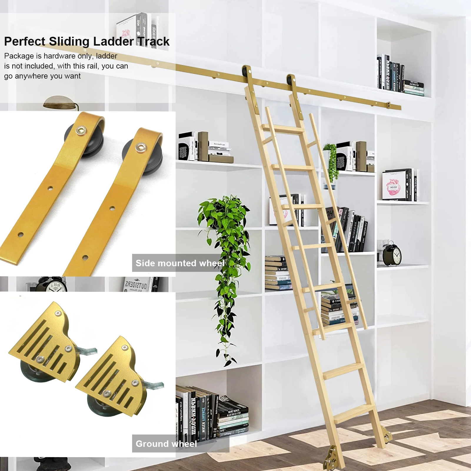 مجموعة أدوات سلم المكتبة القابلة للسحب بطول 6.6 قدم، مسار فولاذي للسلم المنزلق مع بكرات وعجلات فرامل لأرفف الكتب والأعراف