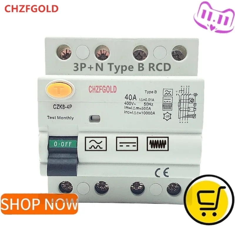 RCCB Type B RCD 2P 4P 63 Amp 10KA 230V 400V 30mA Residual Current Circuit Breaker