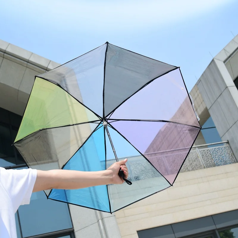 Rainbow Transparent Umbrella Women Folding Full-automatic Umbrella Personality Strong Stand Parapluie Transparent