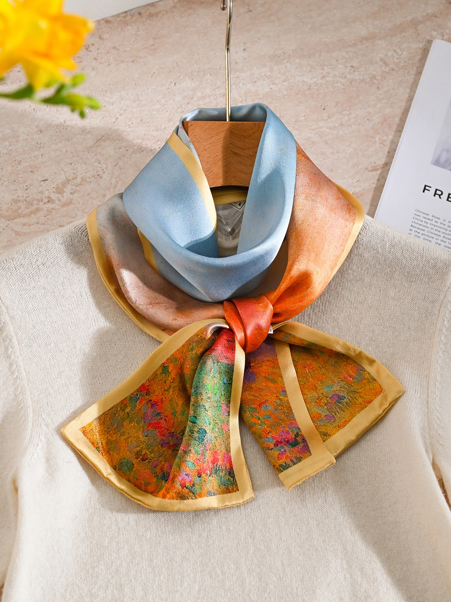 油絵風ロングシルクスカーフ-レディースネクタイ-高級感-シャツタイ-マルベリーシルク-ナロースカーフ-春夏秋