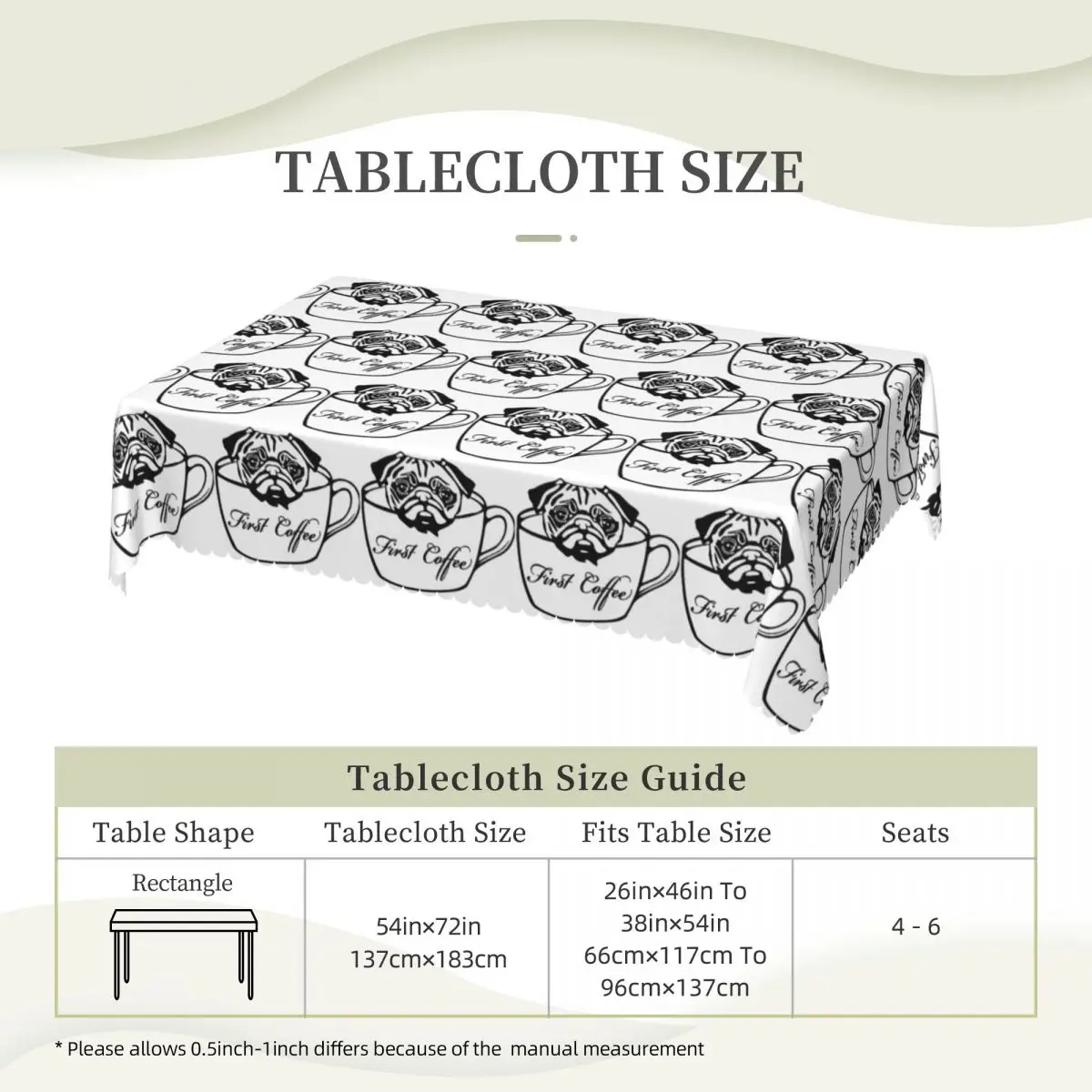 Pug First Coffee Customized Rectangular Tablecloth Oilproof Table Cover for Dining Events Table Cloth